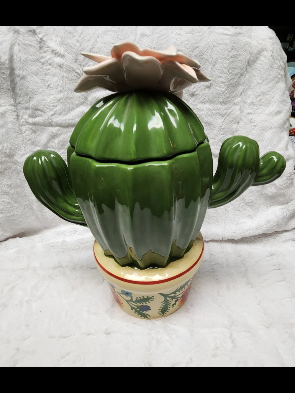 Cracker Barrel Green Cactus Cookie Jar with Peach Flower